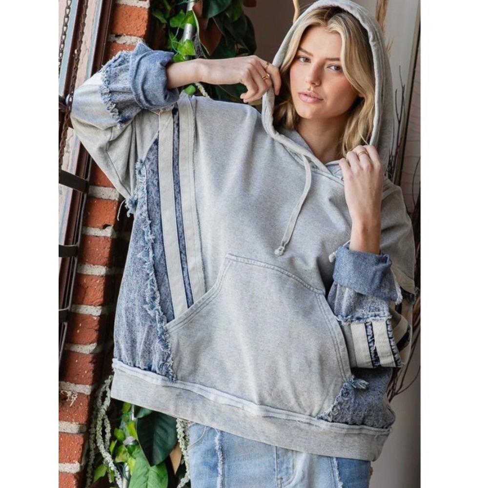 Oil & Hali Hoodie Pullover NEW Mixed Denim Blue Medium